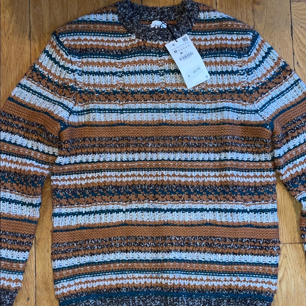 New Zara Men's Women Multicolor Striped Crewneck Sweater Cable Knit Medium Wool